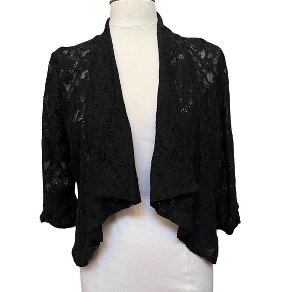 Black Lace Open Front Blazer Shrug 3/4 Sleeves Lightweight Whimsigoth Size L - Picture 1 of 11